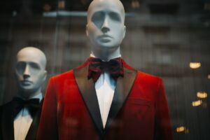 black, red, suit, tie, clothing, mannequin, shopping, mall, mannequin, mannequin, mannequin, mannequin, mannequin, mall