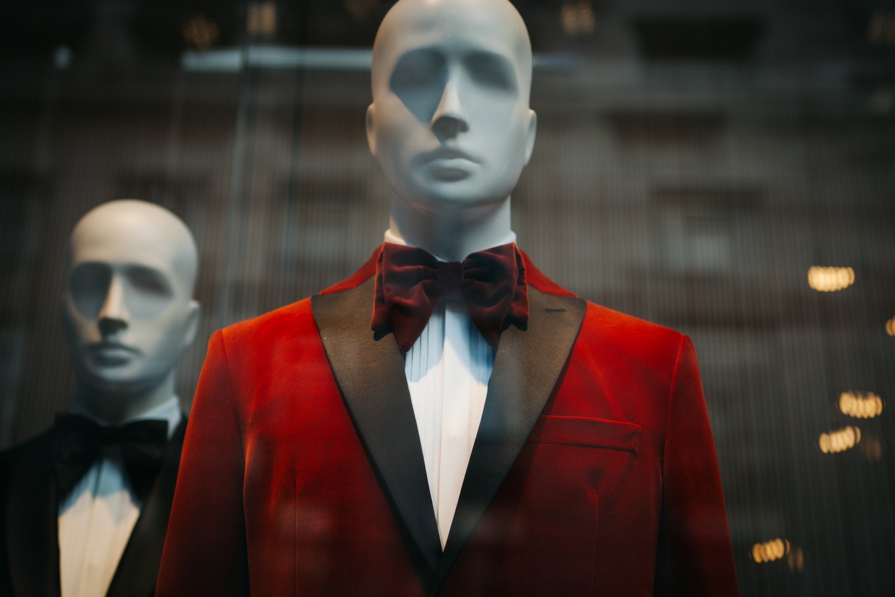 black, red, suit, tie, clothing, mannequin, shopping, mall, mannequin, mannequin, mannequin, mannequin, mannequin, mall